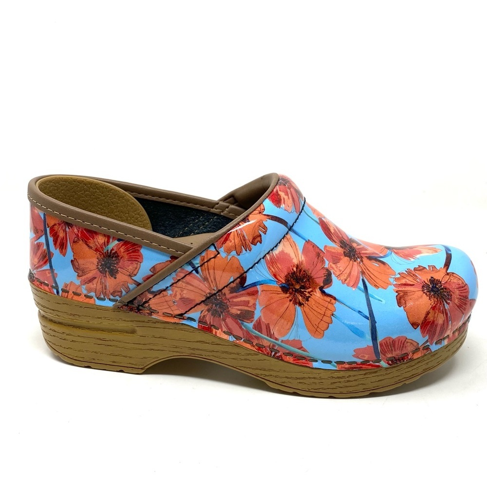 Dansko Blue Floral Patent Clog Mule